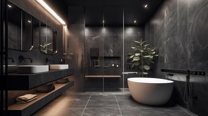 Naklejka na ściany i meble Corner of modern bathroom with black and white marble walls, concrete floor, comfortable white bathtub and double sink. generative ai
