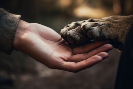 A person holding a dog's paw the word dog on the palm of their hand Generative AI