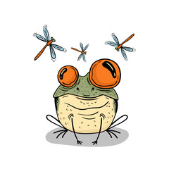 Cute frog and dragonflies. Isolated on  white cartoon vecttor illustration.