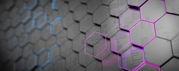 Business background. Business structure. Blockchain technology concept. Business processes. Background with metallic hexagons. 3d render.