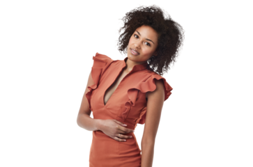 Black woman, beauty and fashion portrait of a confident person with style and trendy clothing. Female model, young face and confidence with youth alone and isolated on a transparent, png background