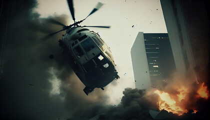 A downed helicopter crashes in the city. AI Generative - obrazy, fototapety, plakaty