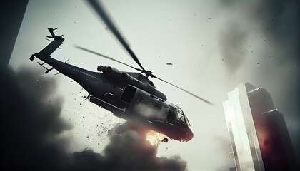 A downed helicopter crashes in the city. AI Generative