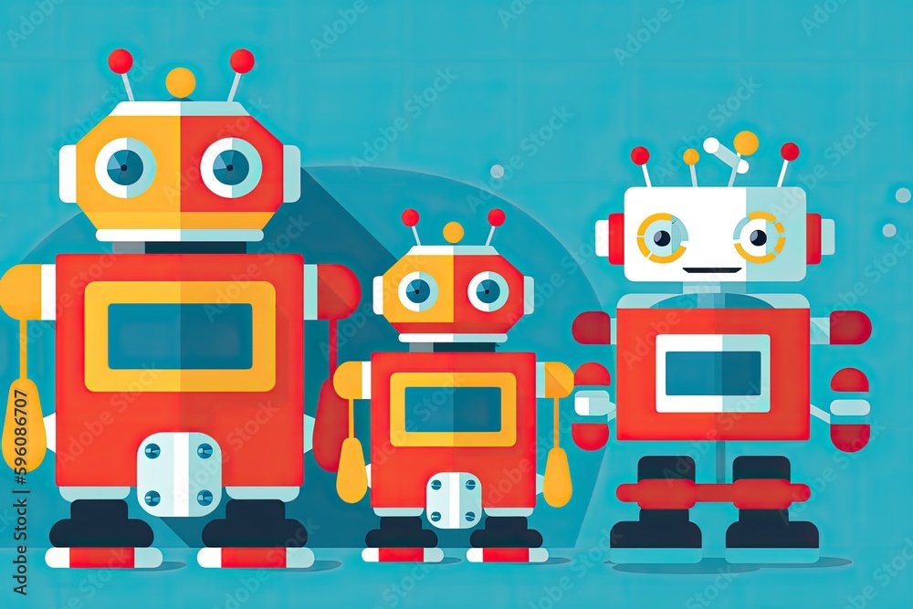 Poster two futuristic robots standing side by side with a cityscape in the background. generative ai
