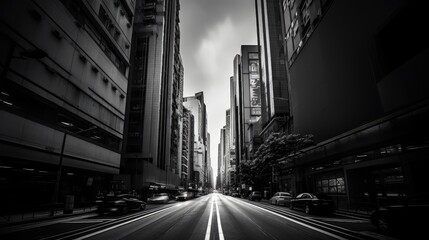 a black and white night city highway street with skyscraper city buildings in between. Generative ai