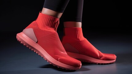 A close-up of women's legs wearing red training shoes on a black background, sport footwear, generative ai