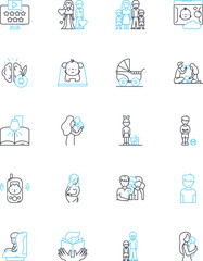 Toddlers linear icons set. Exploration, Independence, Curiosity, Energy, Spontaneity, Creativity, Imagination line vector and concept signs. Laughter,Playfulness,Discovery outline illustrations