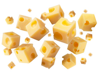 Superbly retouched cheese cubes fly and levitate in space. Isolated not white