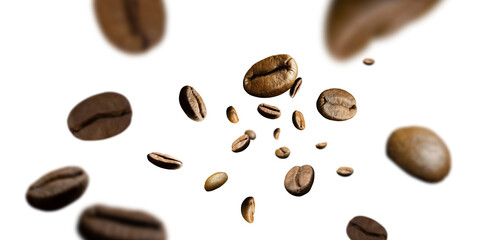 Coffee beans fly and levitate in space. Isolated on white