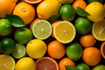 Citrus background. Fresh citrus fruits - Lemons, oranges, limes, grapefruits. AI generated