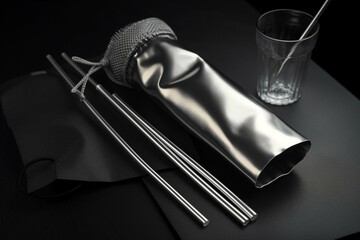Stainless steel straws with pouch and cleaner. Customizable. 3D render. Generative AI