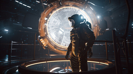 Fototapeta na wymiar an astronaut inside a compartment with high-tech equipment.
