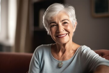 Fototapeta na wymiar Smiling senior woman posing inside a room looking at the camera. Generative AI