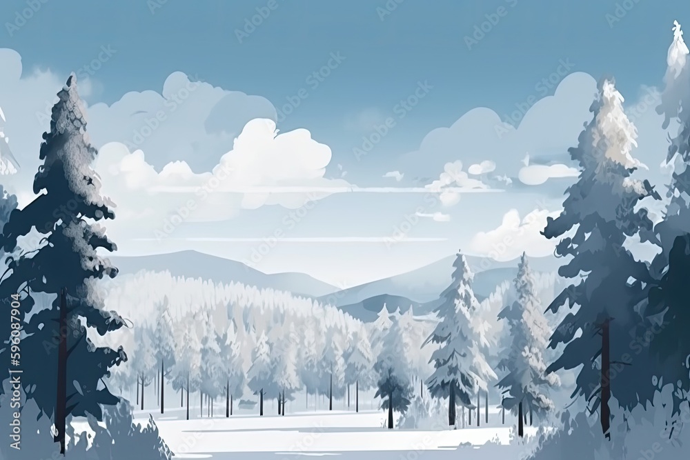 Sticker winter wonderland with snow-covered trees. Generative AI