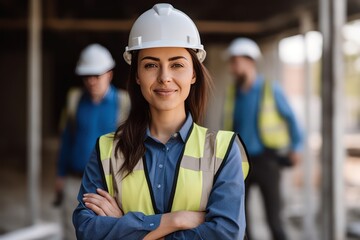 woman working on a construction site, construction hard hat and work vest, smirking, middle aged or older, Generative AI - obrazy, fototapety, plakaty