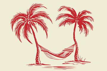 retro cartoon illustration of a empty hammock hanging between two palms