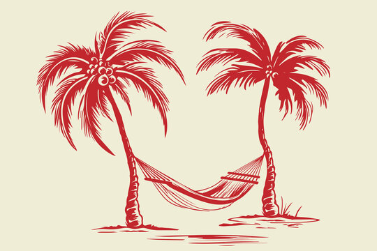 retro cartoon illustration of a empty hammock hanging between two palms