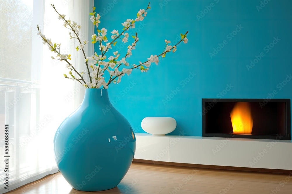 Wall mural Beautiful Vase of Flowers Placed in Front of a Cozy Fireplace. Generative AI