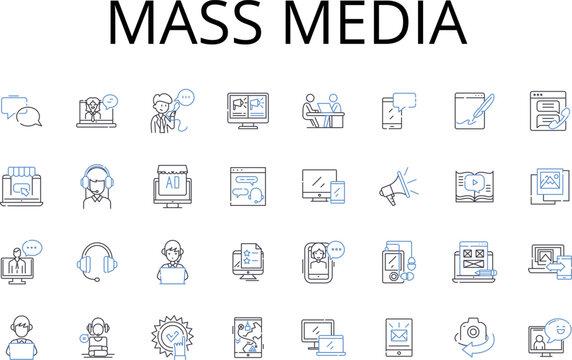 Mass media line icons collection. Social media, Print media, Digital media, Visual media, Broadcast media, News media, Entertainment media vector and linear illustration. Information media,Public