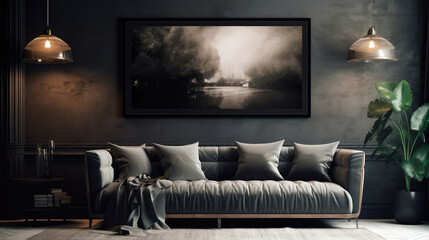 Modern loft style living room interior with a black frame for a photo poster. Generative AI