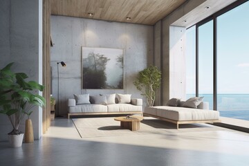 Modern beach house living room with concrete wall, luxury summer home interior - 3D rendering. Generative AI
