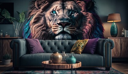 Wild living room with sofa with lion portrait, generative Ai