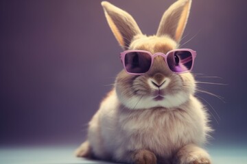Fototapeta na wymiar Funny cute bunny in sunglasses with happy emotion. AI generated, human enhanced