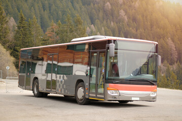 A close-up of the empty bus at the bus station that is surrounded by the forest