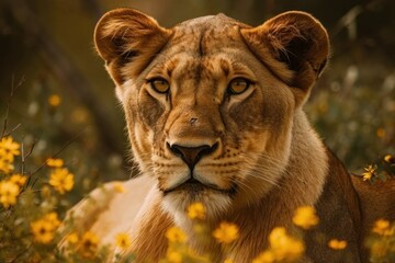 Beautiful lioness in nature in a natural habitat. AI generated, human enhanced - obrazy, fototapety, plakaty