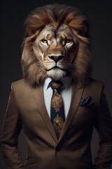 An anthropomorphic proud lion dressed in a business suit like a boss. AI generated, human enhanced