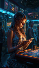 Cosplay anime girl with cat ears in a night bar. Portrait of a sexy woman. Created by AI
