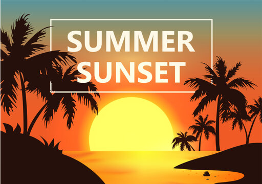 summer background. Summer sunset against the backdrop of palm trees. Sunset over the sea. Lettering summer sunset against the background of the evening sky.Vector