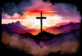 A serene sunset over a mountain range with a silhouette of a cross, portraying the beauty of creation and faith, watercolor style Generative AI