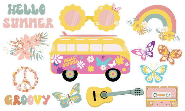 Groovy hippie summer 70s set. Funny cartoon flower, rainbow, car, butterflies, glasses,guitar ,cassette. Vector illustration