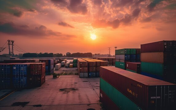 Sunset In The Port With Shipping Containers