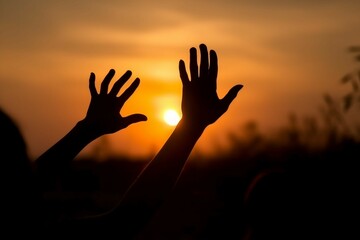 Silhouettes of helping hand, hope and support each other on sunset background. AI generative