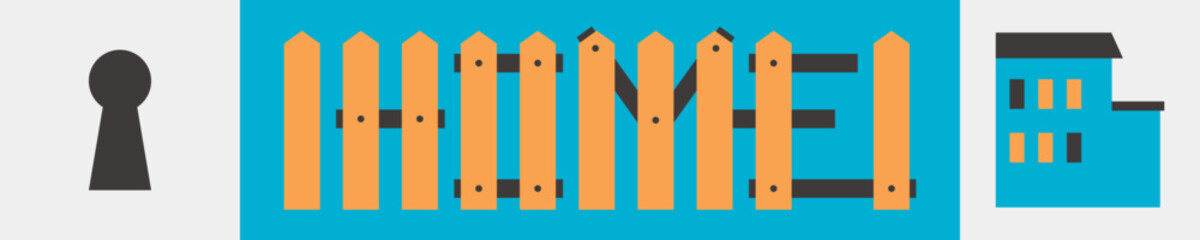 A banner with the inscription of the Home from the planks of the fence. A set of images about housing. Cottage with light in the windows. An illustration in a geometric style of flat graphics.