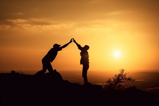 Silhouettes of helping hand, hope and support each other on sunset background. AI generative