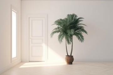 potted palm tree in a minimalist white room. Generative AI