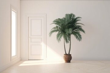 Fototapeta premium potted palm tree in a minimalist white room. Generative AI