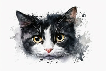 Generative AI. Black and white cat watercolor illustration isolated on white background