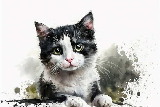 Generative AI. Black and white cat watercolor illustration isolated on white background