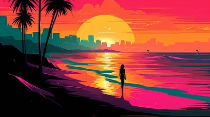 Landscape Sunset on tropical beach with palm tree generated ai	
