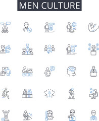 Men culture line icons collection. Women society, Children tradition, Elderly customs, Family heritage, Employee ethos, Citizen values, Leader principles vector and linear illustration. Community