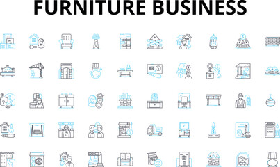 Furniture business linear icons set. Quality, Comfort, Durability, Style, Elegance, Sophistication, Design vector symbols and line concept signs. Craftsmanship,Versatility,Functionality illustration