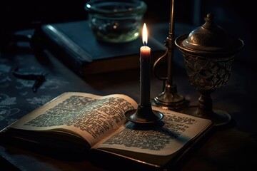 Book. Open textbook Wise enigmatic magazine. Letters, writing, candle. Study, school, university. A tool for acquiring knowledge. The Bible. Paper pages, a source of information. Generative AI