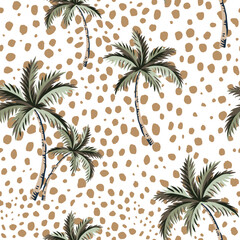 Tropical palm trees, white background with cheetah spots. Seamless pattern. Vector illustration. Exotic jungle. Summer beach design. Paradise nature