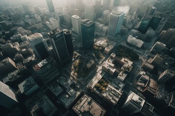 An aerial view of a desolate financial district with abandoned skyscrapers amidst a calm cityscape. Generative AI