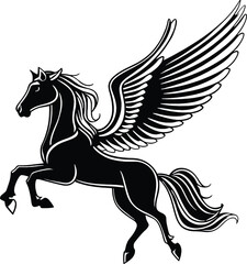 Rearing pegasus. Black on white background. Hand drawn vector illustration, line art, logo design
