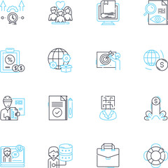 Market enterprise linear icons set. Strategy, Consumer, Product, Investment, Sales, Branding, Positioning line vector and concept signs. Competitors,Target,Market share outline illustrations